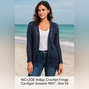 NIC+ZOE Indigo Crochet Fringe Cardigan Sweater NWT – Size XS